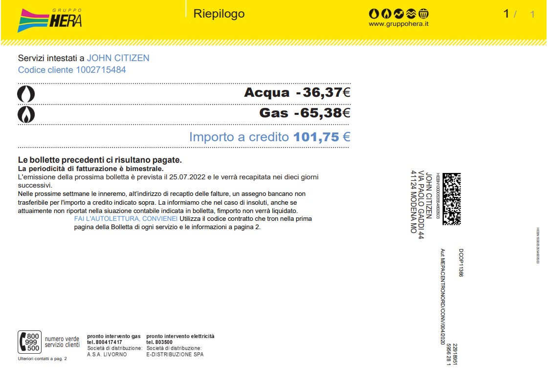 Italy Gruppo Hera utility bill, Word and PDF template